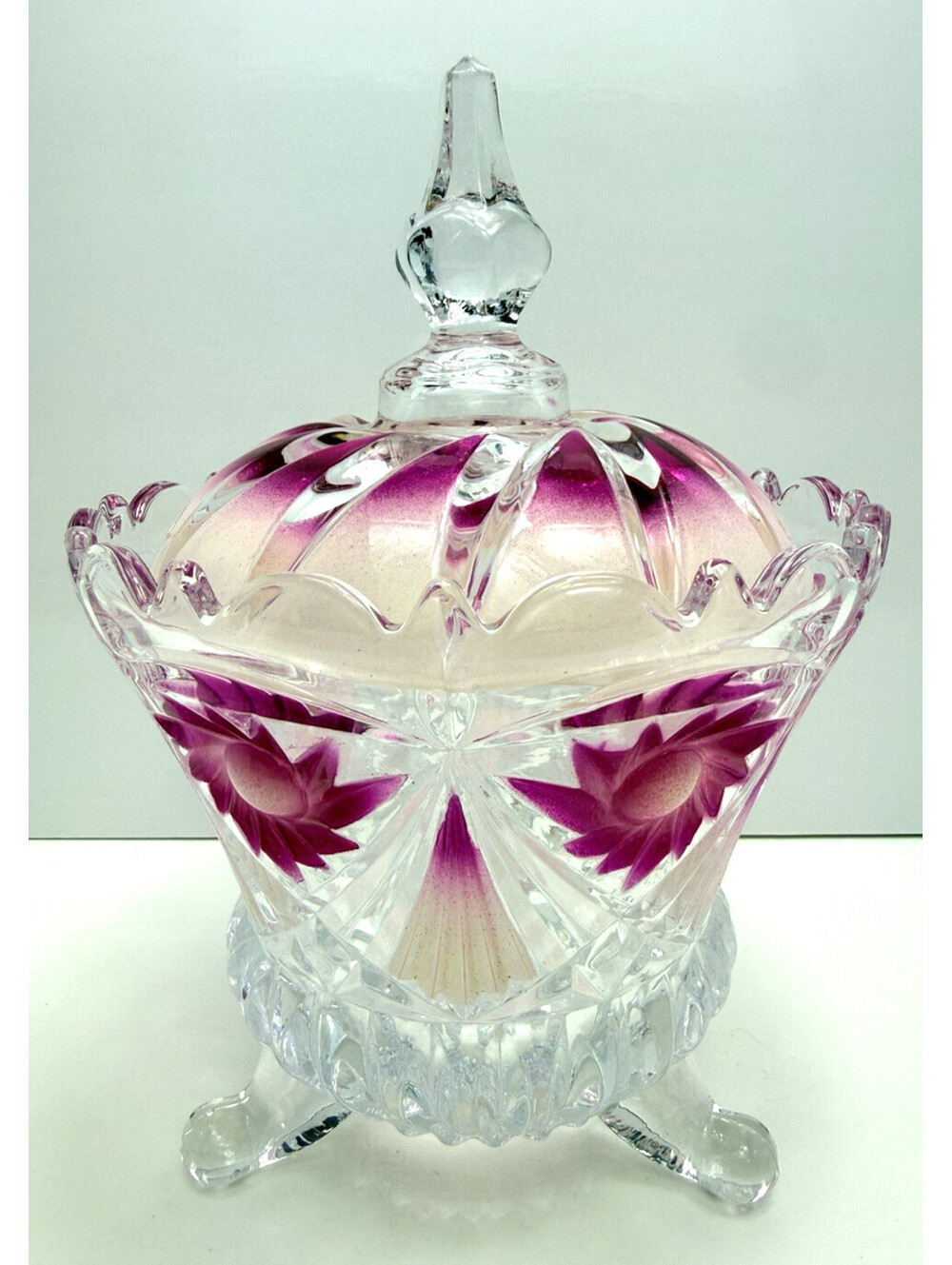 Vtg Clear Cut Glass Footed Candy Dish Pedestal Bowl Frosted Pink White 9"H